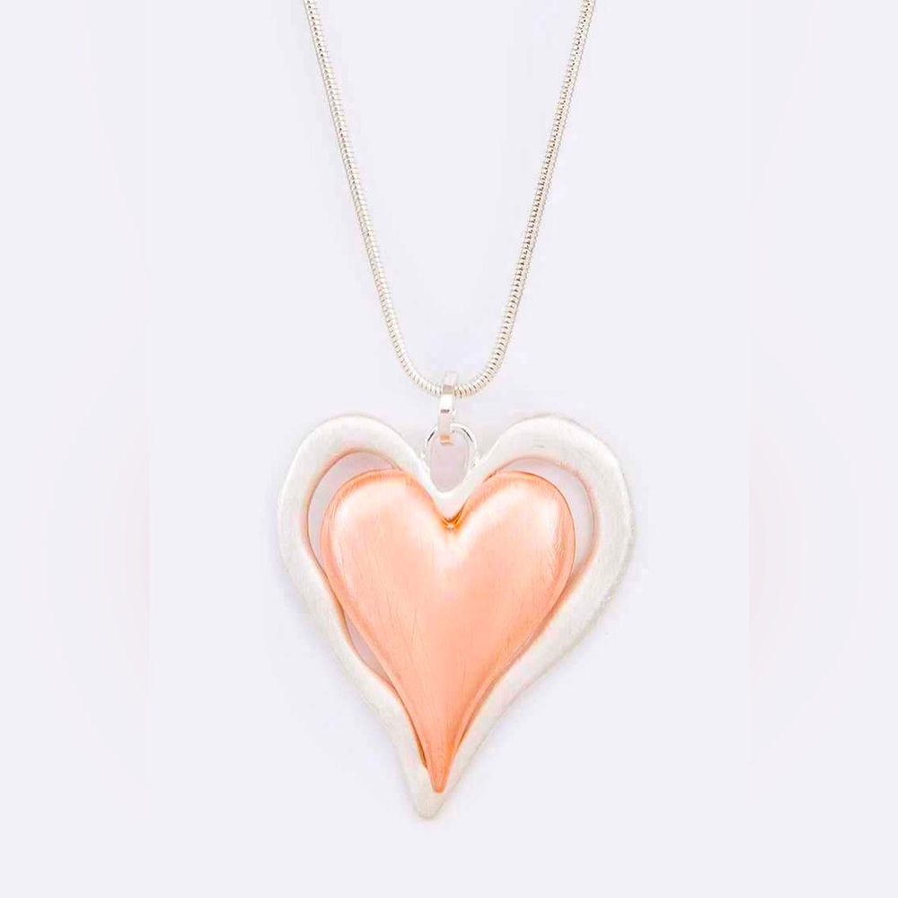 2-Tone Silver & Rose Gold Puff Heart Pendant Statement Necklace